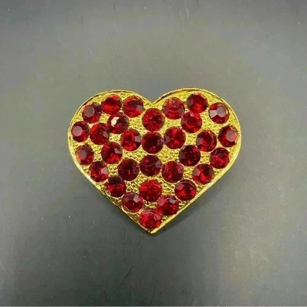 Vintage Red Heart Statement Pin Brooch Rhinestone Crystal Gold Tone - Picture 2 of 8